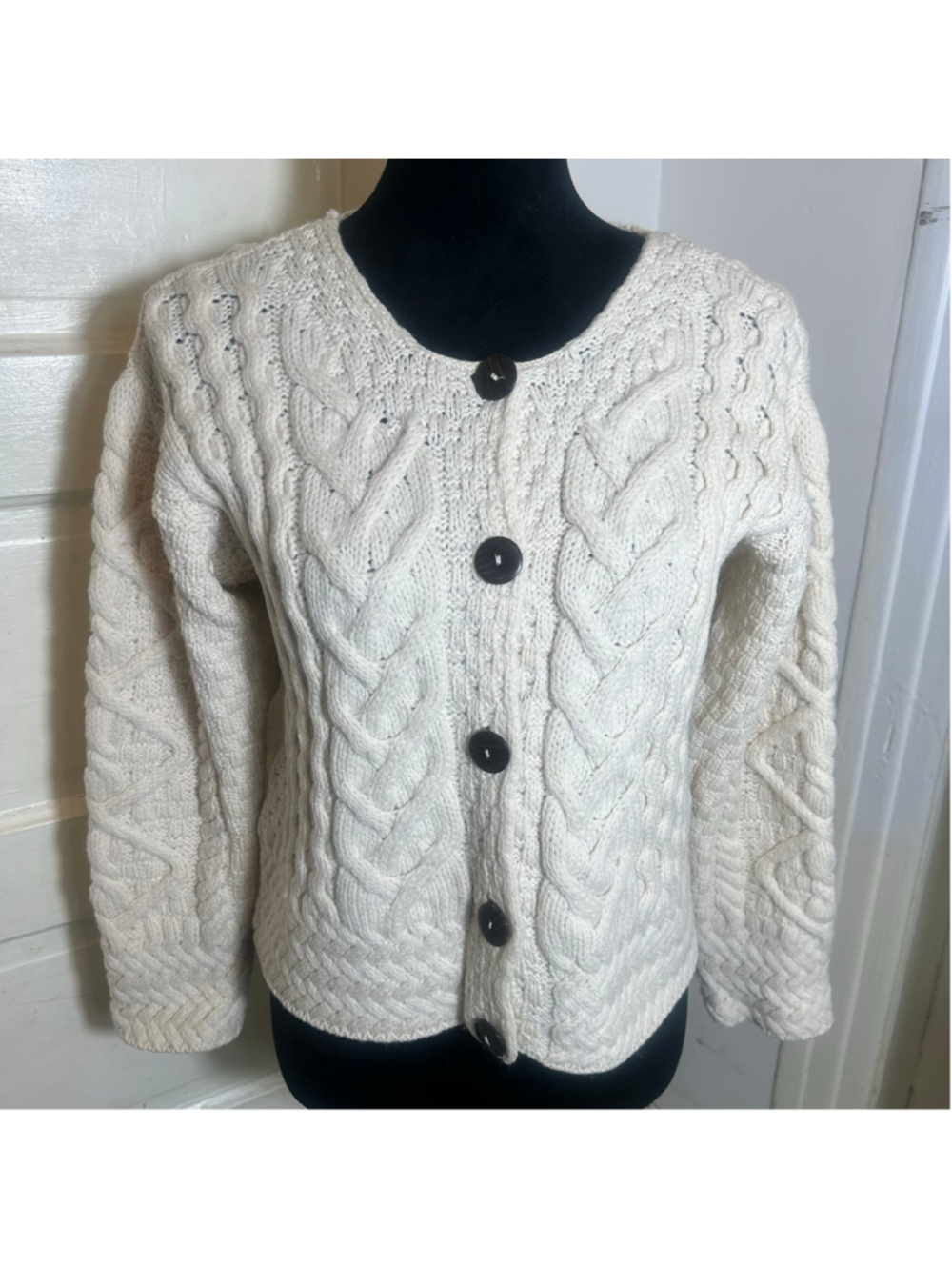 VTG Carraigdonn Made Ireland Cable Knit Wool Fisherman Cardigan Sweater White